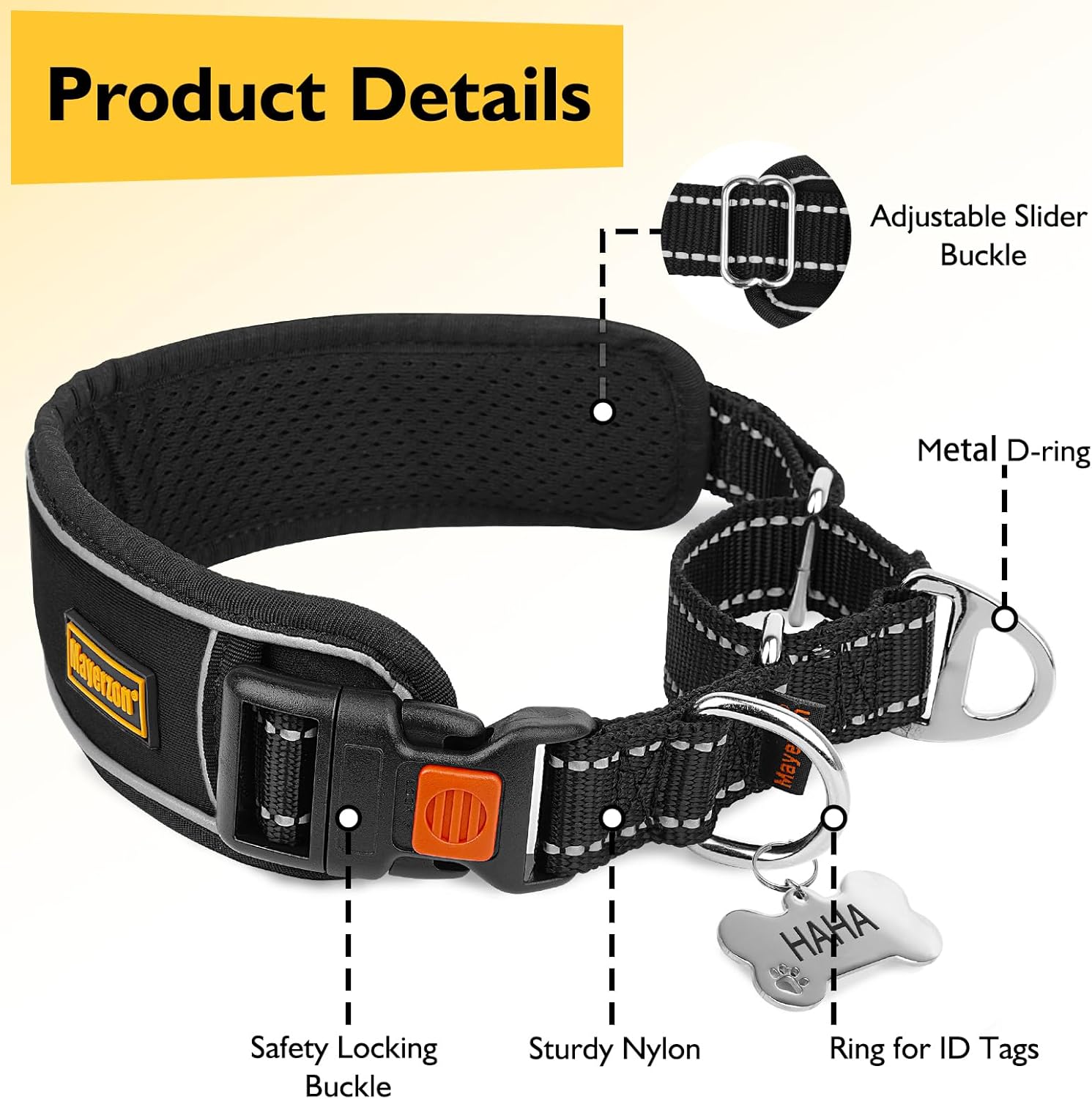Mayerzon 2 Inch Wide Martingale Collar for Large Dogs, Patented No Pull Walking Training Dog Collar for Pitbull German Shepherd, with Buckle, Reflective Stitching, Adjustable (Black, L)