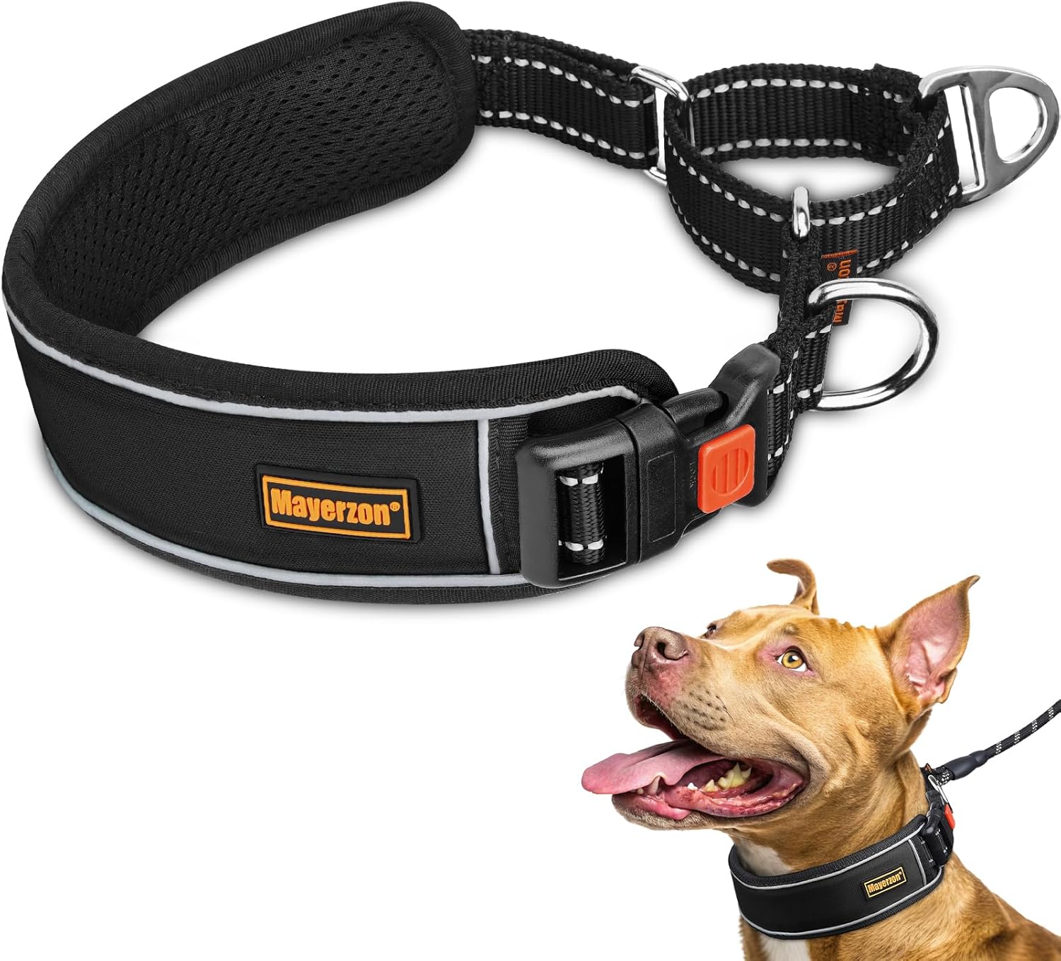 Mayerzon 2 Inch Wide Martingale Collar for Large Dogs, Patented No Pull Walking Training Dog Collar for Pitbull German Shepherd, with Buckle, Reflective Stitching, Adjustable (Black, L)