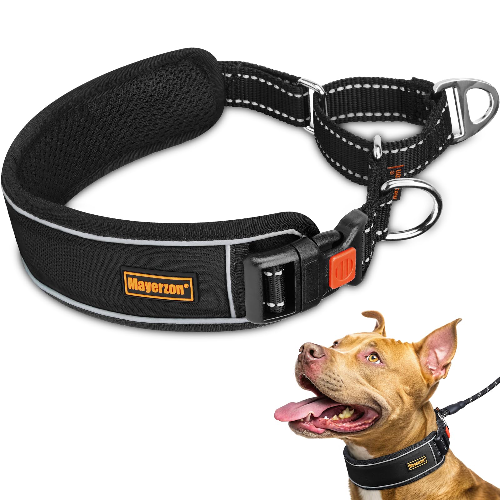 Mayerzon 2 Inch Wide Martingale Collar for Large Dogs, Patented No Pull Walking Training Dog Collar for Pitbull German Shepherd, with Buckle, Reflective Stitching, Adjustable (Black, L)