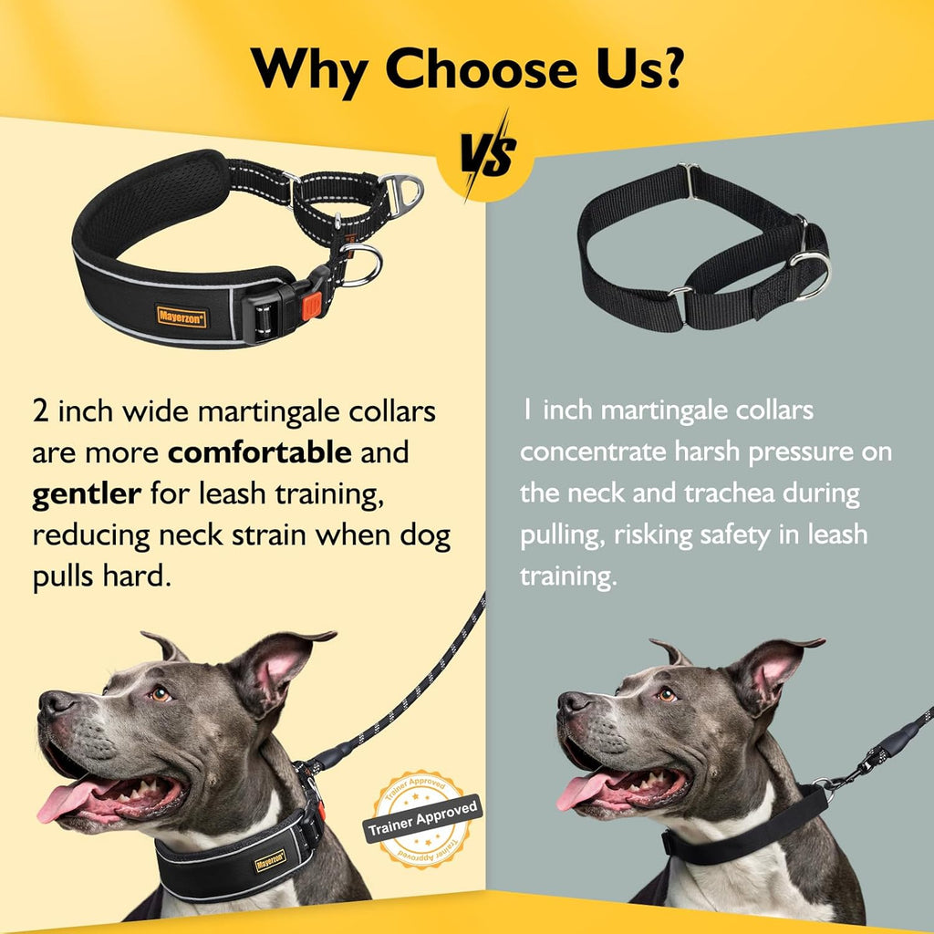 Mayerzon 2 Inch Wide Martingale Collar for Large Dogs, Patented No Pull Walking Training Dog Collar for Pitbull German Shepherd, with Buckle, Reflective Stitching, Adjustable (Black, L)