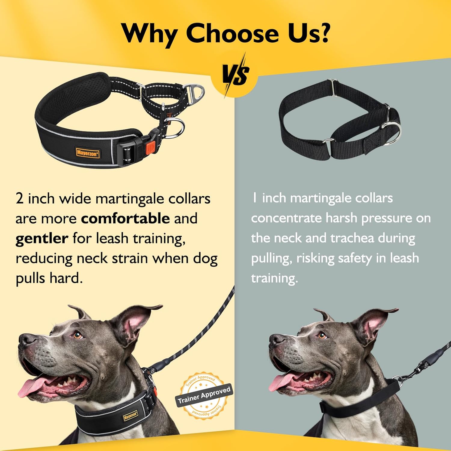 Mayerzon 2 Inch Wide Martingale Collar for Large Dogs, Patented No Pull Walking Training Dog Collar for Pitbull German Shepherd, with Buckle, Reflective Stitching, Adjustable (Black, L)