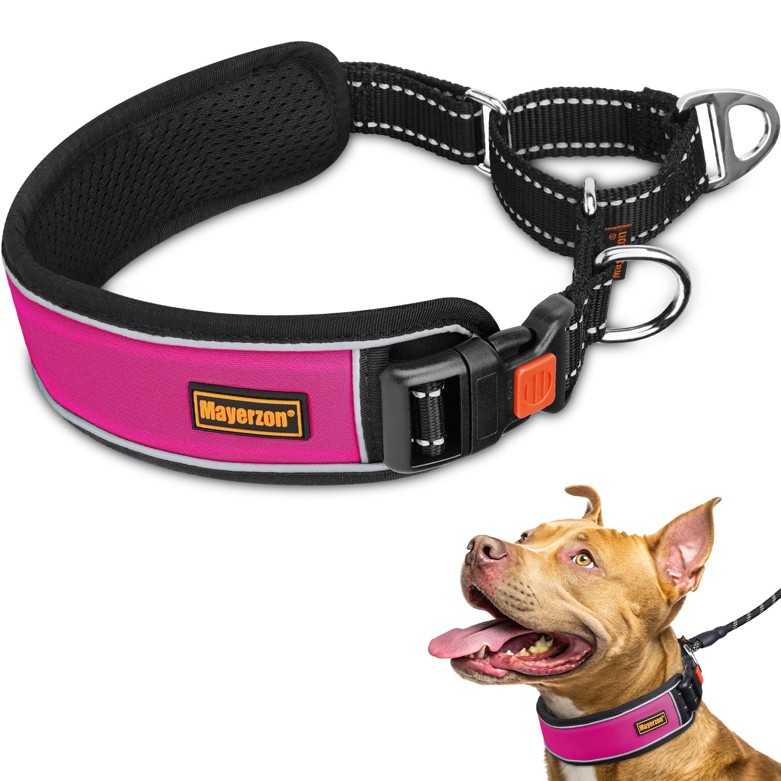 Mayerzon 2 Inch Wide Martingale Collar for Large Dogs, Patented No Pull Walking Training Dog Collar for Pitbull German Shepherd, with Buckle, Reflective Stitching, Adjustable (Black, L)